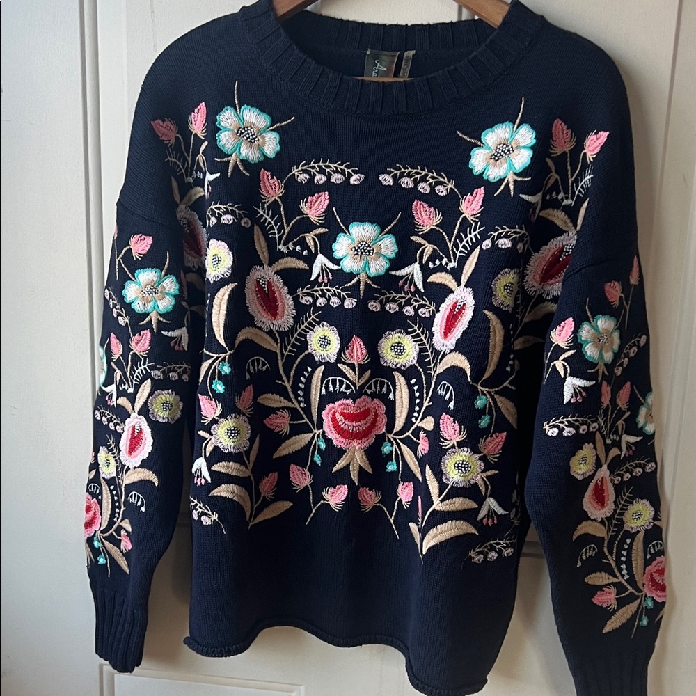 Anthropologie Aratta Silent Journey embroidered navy sweater